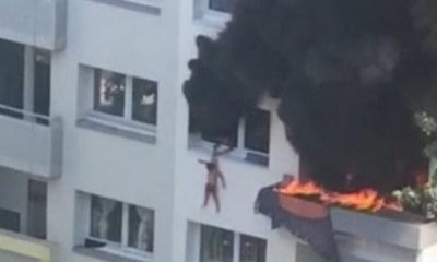 مشهد مروع لقفز طفلين من الطابق الثالث هربا من النيران (فيديو)