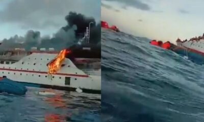 ألقوا بأنفسهم في المياه للنجاة بحياتهم! فيديو لنيران تلتهم سفينة ركاب إندونيسية بينهم أطفال