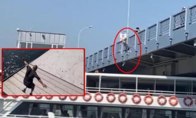 بالفيديو: شاب يقفز من جسر غلطة على متن سفينة سياحية في إسطنبول، لهذا السبب!