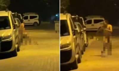 شخص عارٍٍ يهاجم سيارات ويكسر واجهاتها في إسنيورت (فيديو)