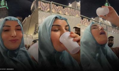 جدل واسع بعد انتشار فيديو لسيدة تصب ماء زمزم على وجهها أثناء العمرة