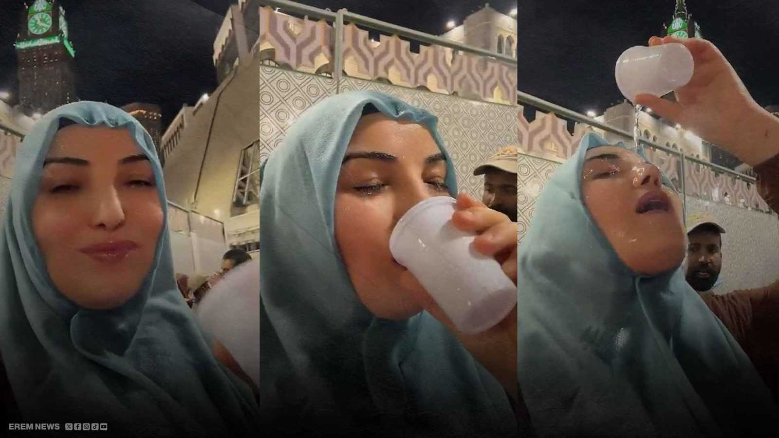 جدل واسع بعد انتشار فيديو لسيدة تصب ماء زمزم على وجهها أثناء العمرة
